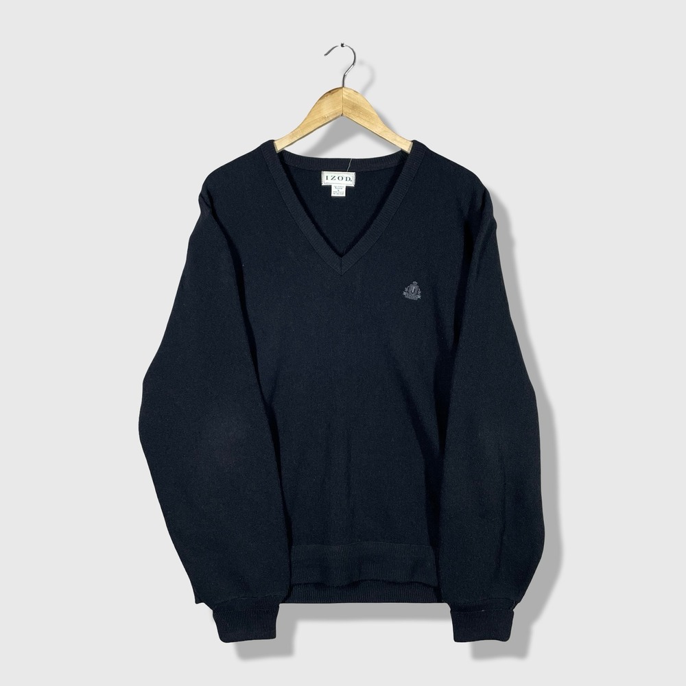 IZOD V-Neck Sweater‎ Mens Large Black Vintage Preppy Minimalist Casual Acrylic